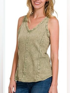 Zenana longer Washed Olive Green V-Neck Tank Top